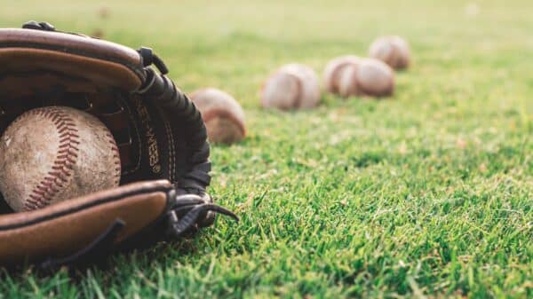 A close-up of a baseball glove with balls on a green field, symbolizing outdoor sports.