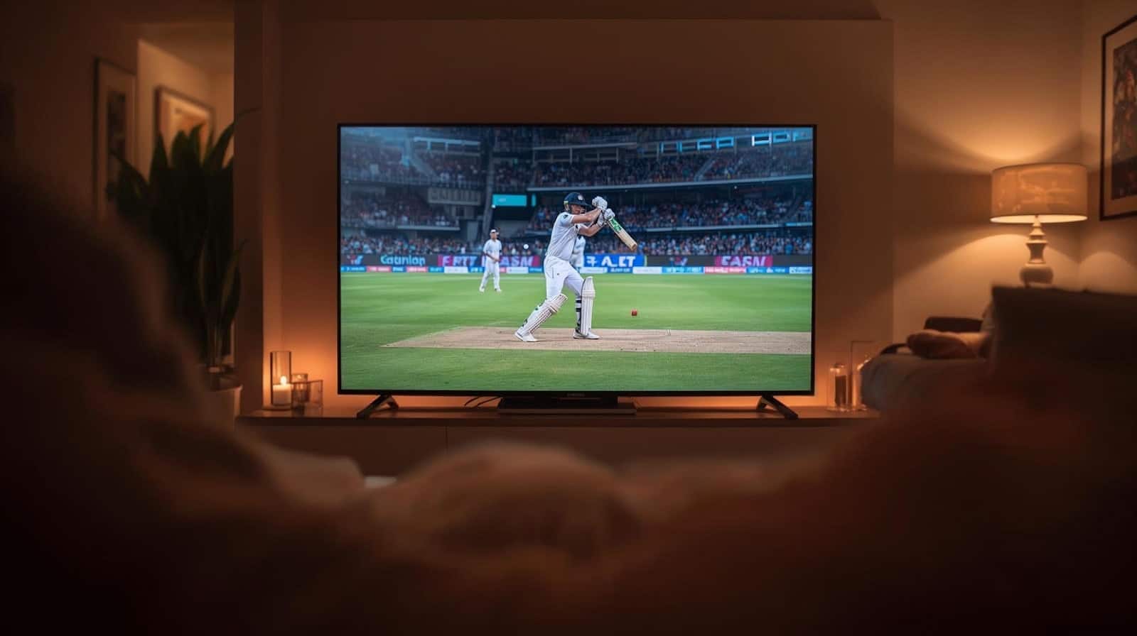 Cricket match playing on a television screen at night.