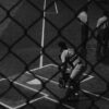 A baseball catcher in crouch seen through a chain-link fence.